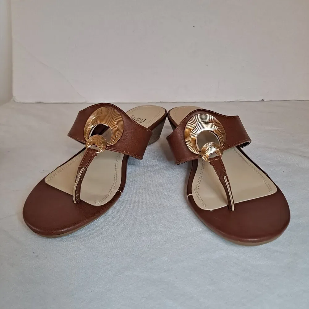 Impo Ronette Slide Sandals Women's 7.5 Brown Gold Circle Cork Wedge Heel